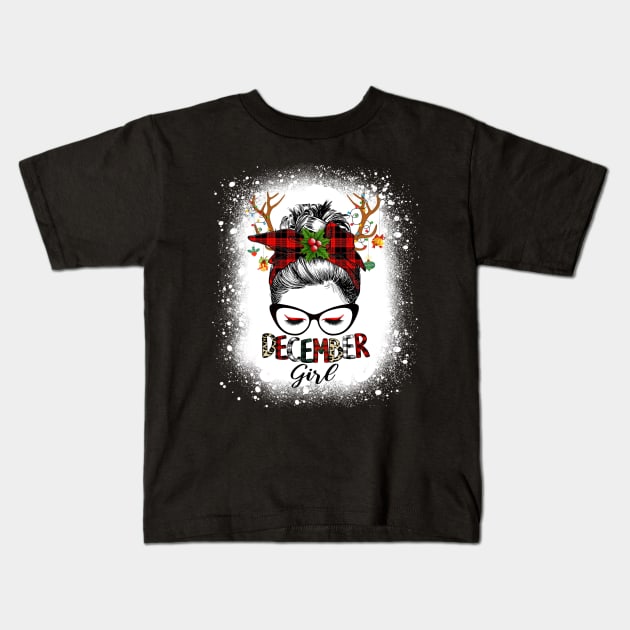 Reindeer Messy Bun December Girl Christmas December Birthday Bleached Kids T-Shirt by Magazine